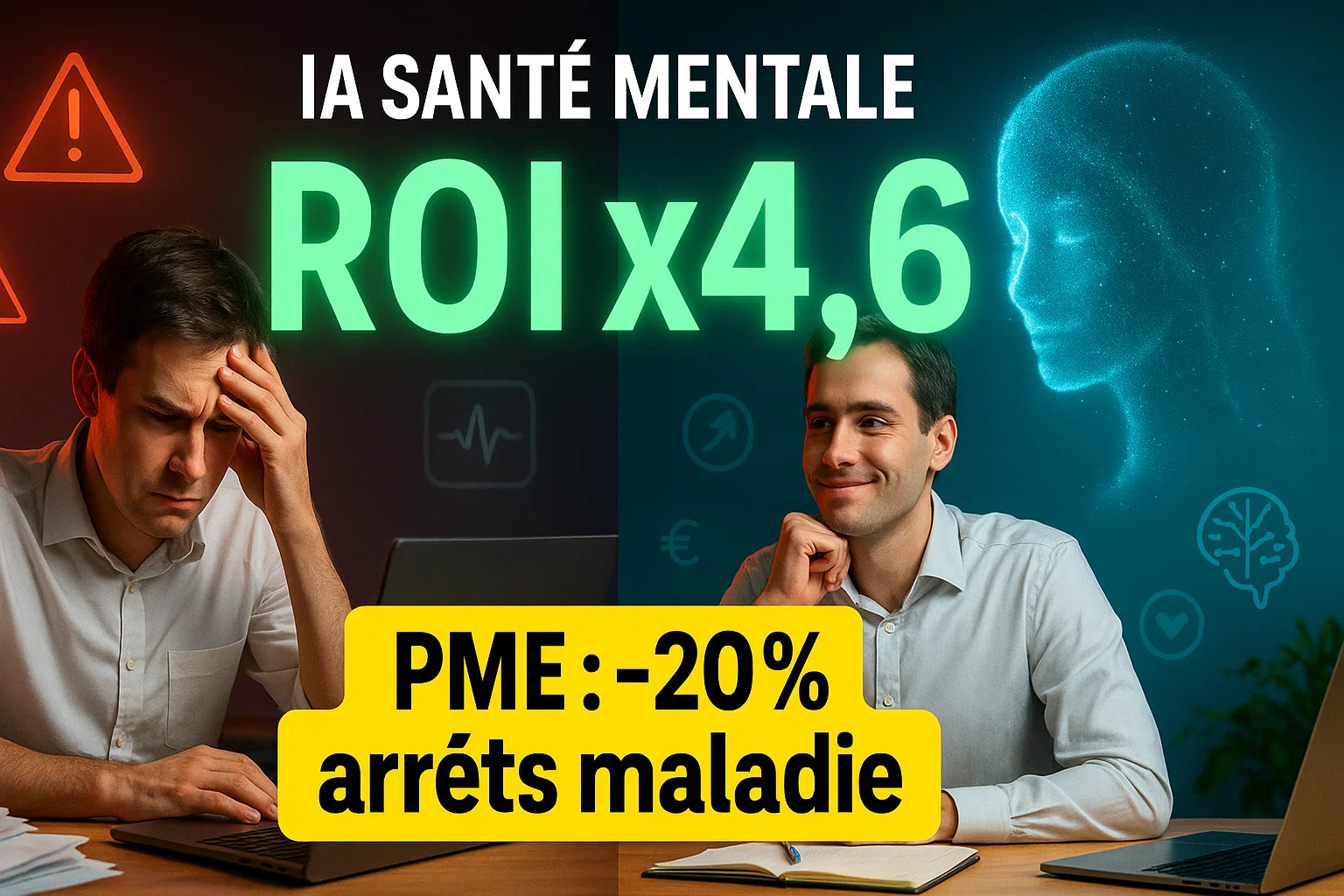 Infographie IA santé mentale montrant transformation d'employé stressé vers productif avec ROI x4,6 pour PME françaises 2025