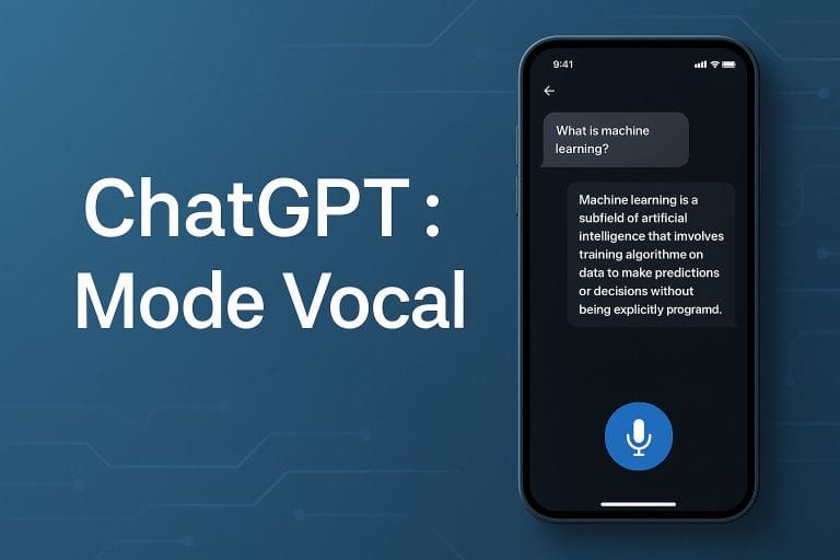 ChatGPT mode vocal : Miniature montrant l'interface du mode vocal de ChatGPT combinant texte et voix, avec des tons bleus et blancs, et le texte.