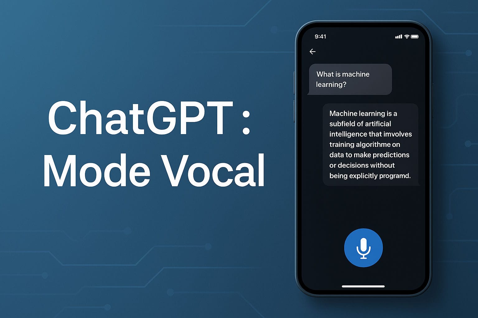 ChatGPT mode vocal : Miniature montrant l'interface du mode vocal de ChatGPT combinant texte et voix, avec des tons bleus et blancs, et le texte.