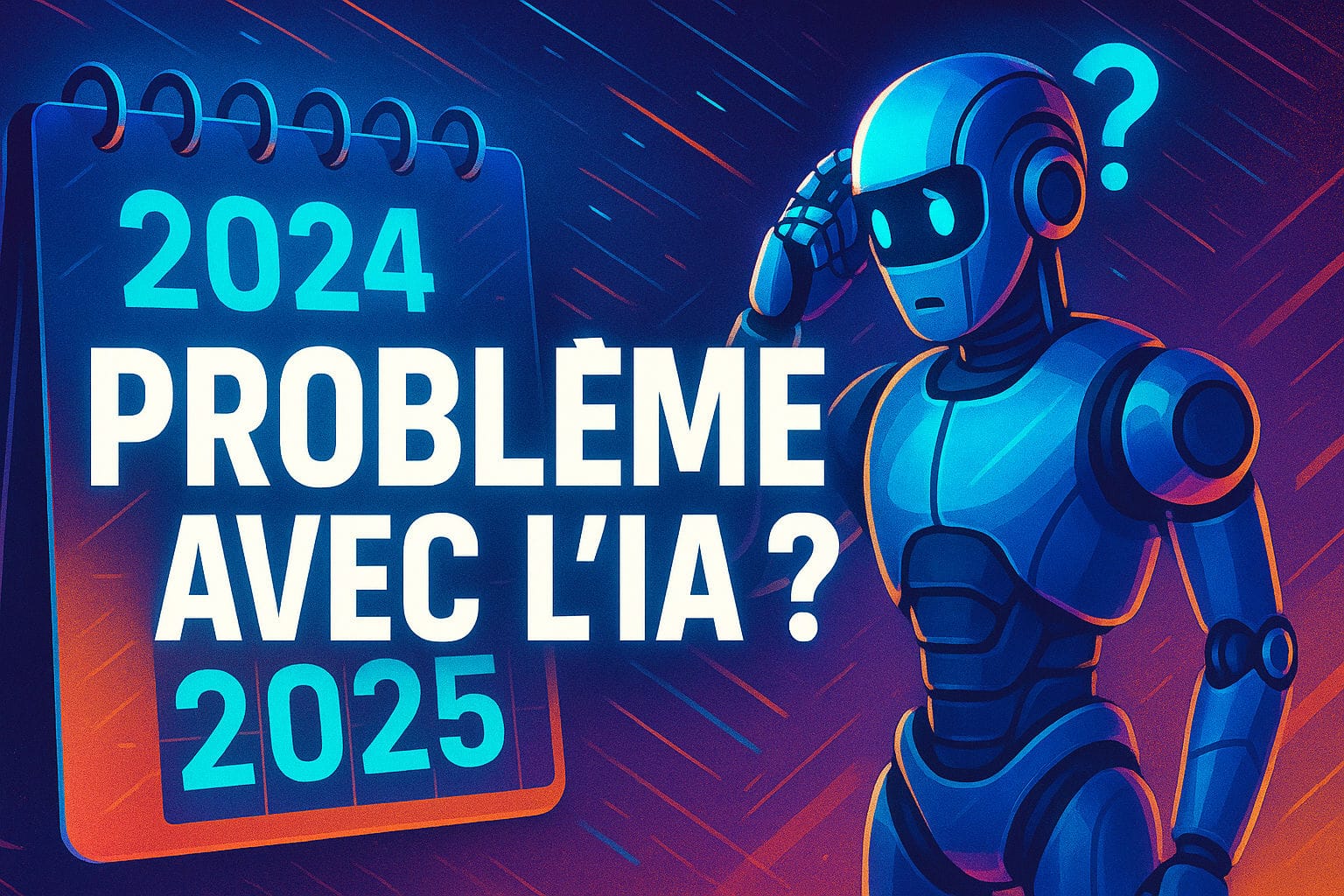Google Gemini 3 : Illustration futuriste montrant un robot embarrassé face à un calendrier indiquant 2024 et 2025, avec un effet technologique et moderne.