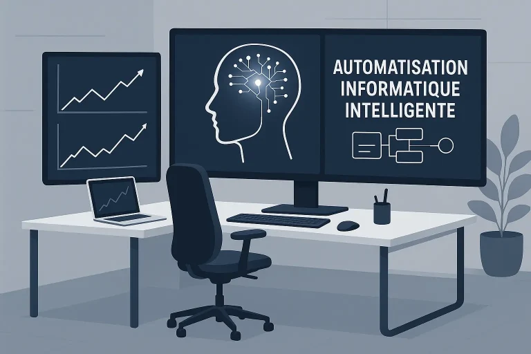Image illustrant l'automatisation informatique intelligente avec un bureau high-tech et des graphiques d'optimisation.