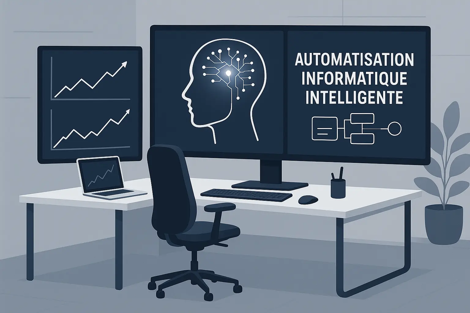 Image illustrant l'automatisation informatique intelligente avec un bureau high-tech et des graphiques d'optimisation.