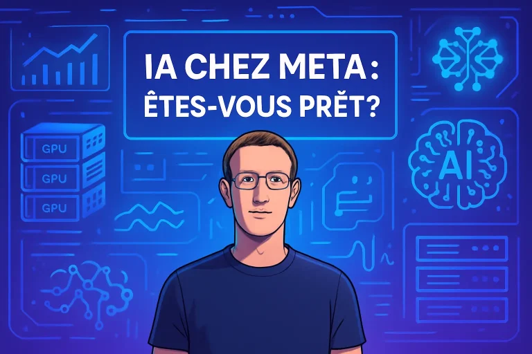 Mark Zuckerberg devant des écrans futuristes montrant des graphiques IA, symbolisant les évaluations de performance IA chez Meta.
