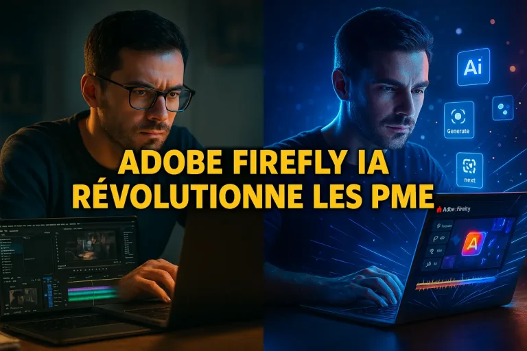 Freelance utilisant Adobe Firefly l'éditeur vidéo IA sur laptop avec interface holographique bleue dorée