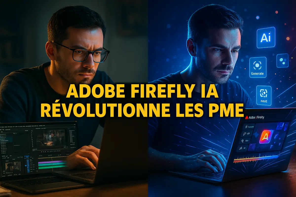 Freelance utilisant Adobe Firefly l'éditeur vidéo IA sur laptop avec interface holographique bleue dorée