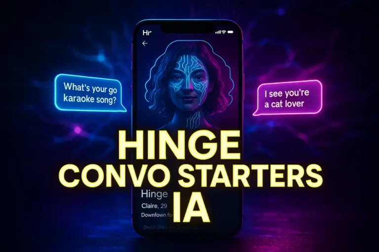 Hinge Convo Starters IA Hinge avec IA générant des messages personnalisés entourés de circuits néons et hologrammes futuristes
