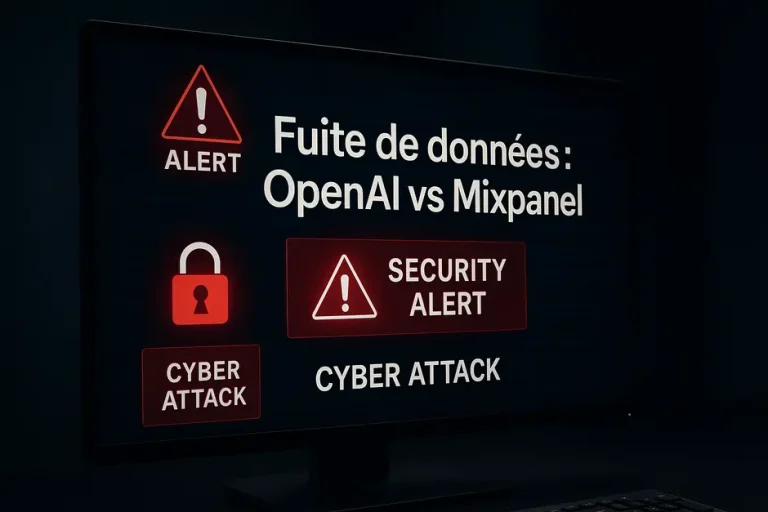 Visuel d'un écran affichant des alertes de cyberattaque. Le texte 'Fuite de données : OpenAI vs Mixpane l'est visible, mettant en avant le sujet de la sécurité des données.