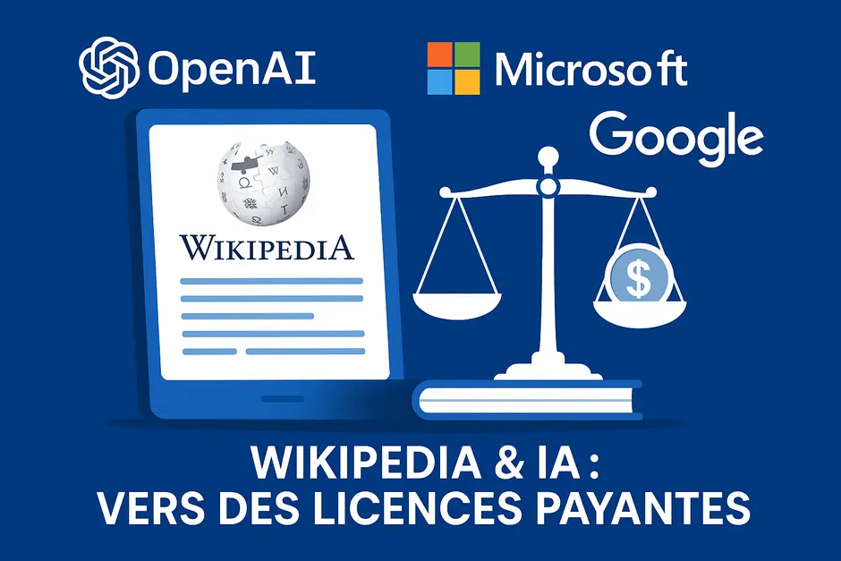 Image montrant une encyclopédie numérique représentée par Wikipedia, entourée de logos tech comme OpenAI et Microsoft, avec une balance évoquant la monétisation.