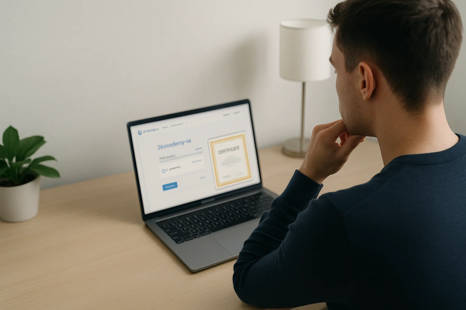 26academy -ia : un jeune homme consulte une plateforme e-learning sur son ordinateur portable, évaluant la valeur d’une certification en ligne.