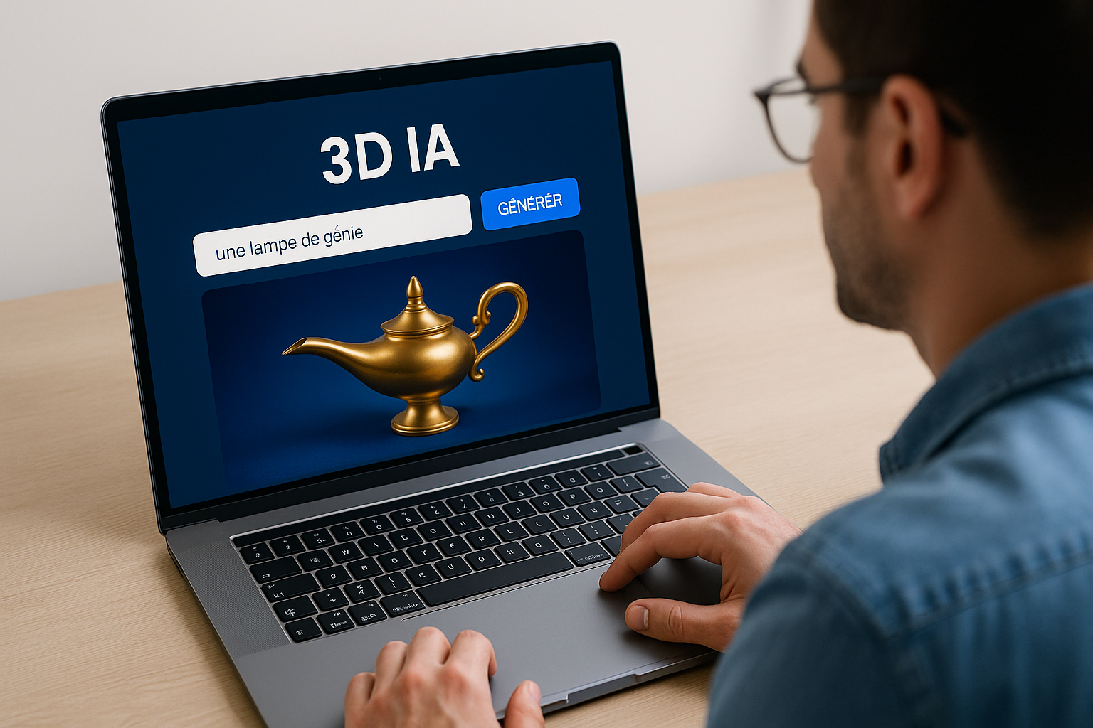 3d IA : un homme conçoit un objet en trois dimensions sur son ordinateur, illustrant la génération de modèles 3D à partir d’une simple idée.