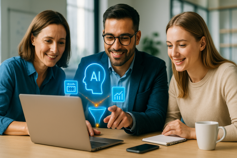 Acculturation IA : trois collaborateurs échangent devant un ordinateur portable, observant une interface holographique bleue qui relie agenda, analyses et entonnoir de conversion dans un bureau lumineux.