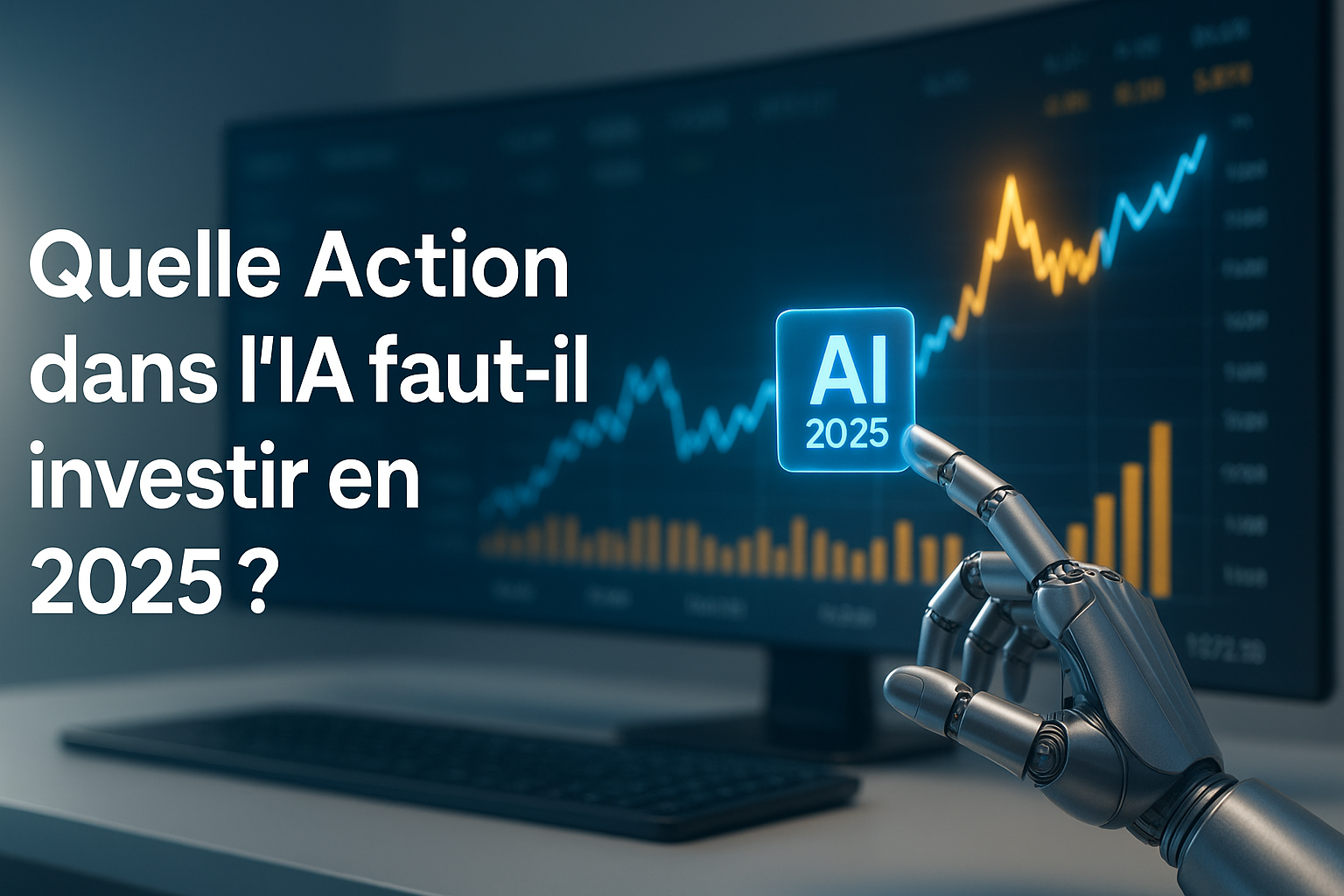 Action dans l’IA : interface futuriste illustrant un investissement technologique en 2025, avec une main robotique interagissant sur un graphique boursier holographique.
