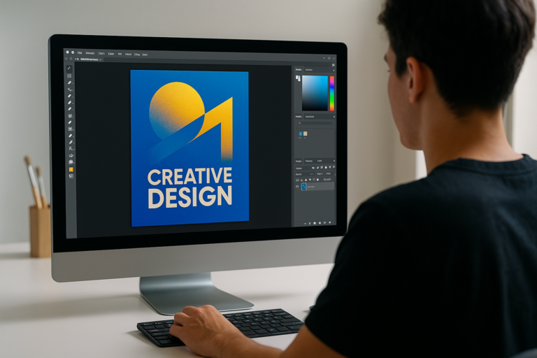 Affiche IA représentant une personne concentrée sur la création d’un visuel numérique attrayant, dans un environnement de travail moderne et lumineux.