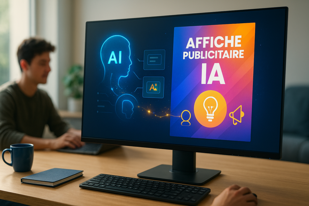 Affiche publicitaire IA en cours de création sur un écran d’ordinateur : une interface bleu électrique génère le visuel pendant qu’un jeune graphiste ajuste les détails dans un bureau lumineux.