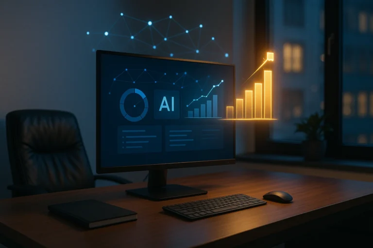 Agence IA visualisée dans un bureau moderne avec un tableau de bord d’analyse en temps réel affiché à l’écran.