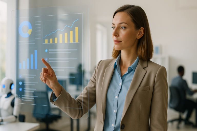 Agence automatisation IA : un consultant en entreprise observe un tableau numérique interactif illustrant des processus automatisés, dans un environnement de bureau moderne et lumineux.