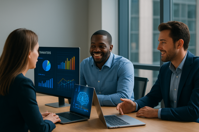 Agence marketing IA : trois professionnels concentrés collaborent autour d’un écran affichant des données visuelles, illustrant l’intégration de l’intelligence artificielle dans une stratégie marketing moderne.