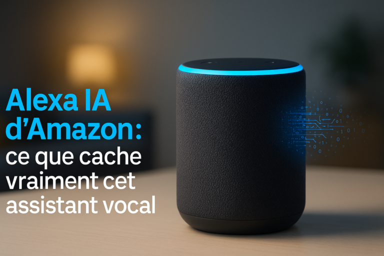 Alexa IA d'Amazon posée sur une table dans un salon moderne, illustrant les capacités discrètes mais puissantes de l'assistant vocal intelligent.