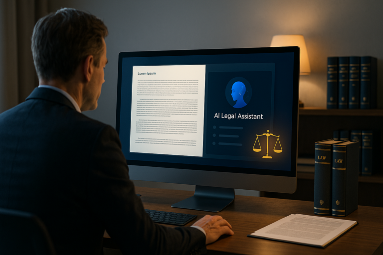 Alter Ego IA aide un avocat à accéder rapidement à des informations juridiques sur son écran grâce à une interface intelligente dans son cabinet.