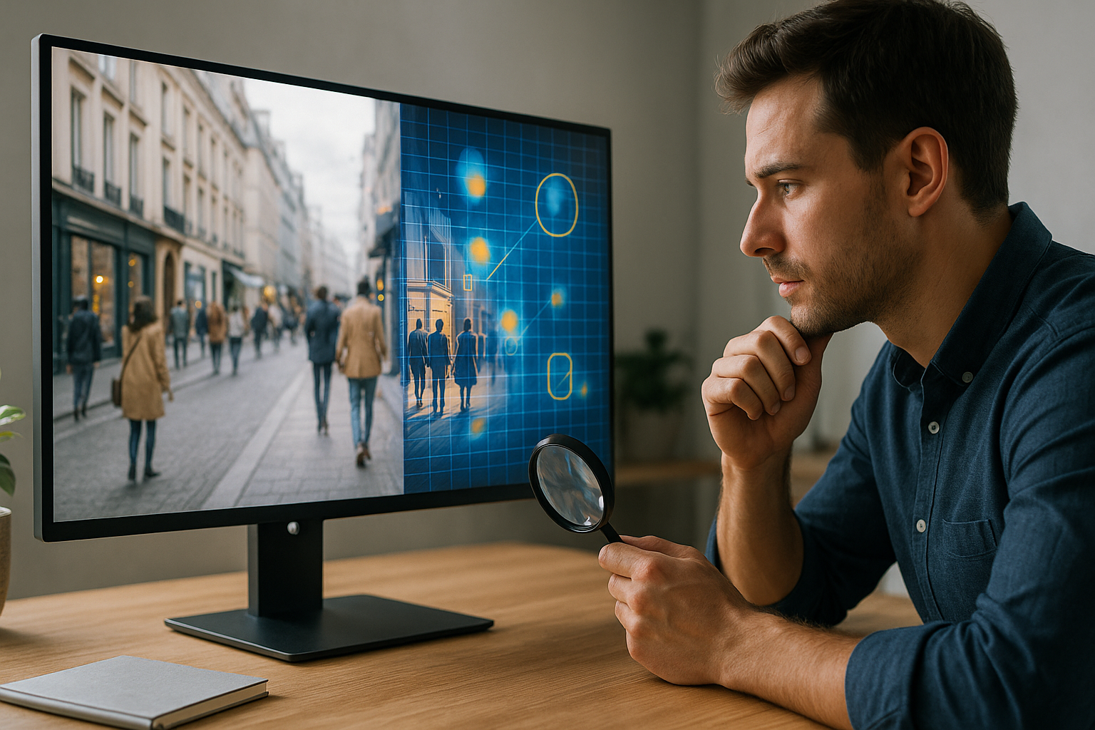 Analyse image IA : un analyste observe sur un grand écran la comparaison entre une photo de rue et sa version scannée, où l’IA encadre en bleu et jaune les détails anormaux.