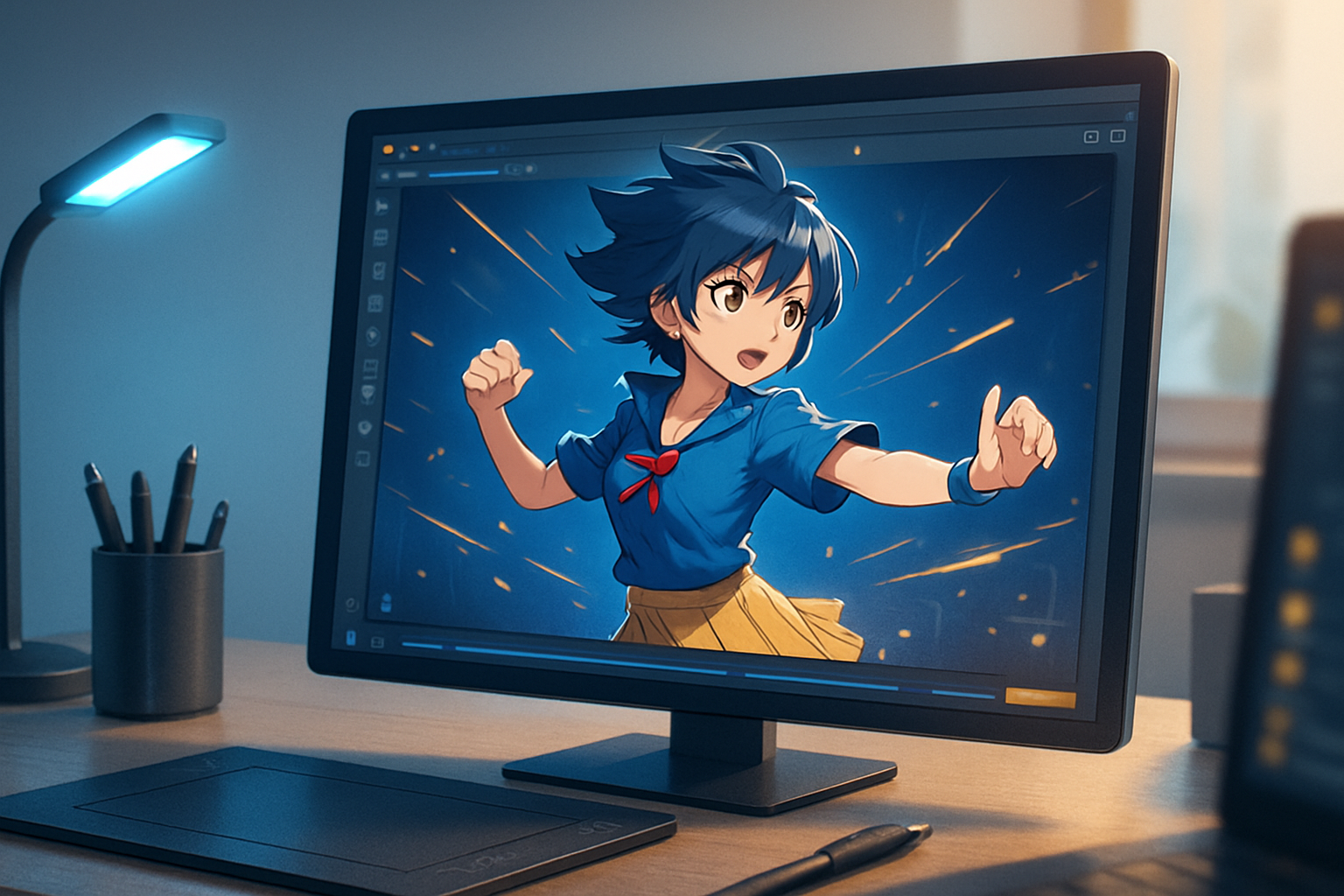 Anime IA animant en temps réel un personnage de style manga à l’écran, dans une interface intuitive et moderne, illustrant le rendu visuel généré par une intelligence artificielle.