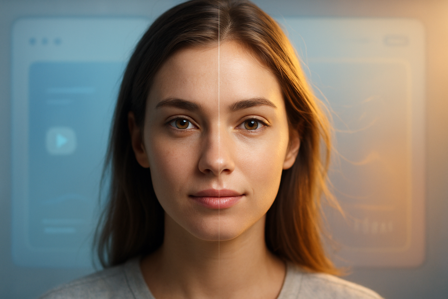 Animer une image IA grâce à une technologie avancée : portrait d'une femme transformé en vidéo animée par intelligence artificielle, sur fond lumineux et futuriste.