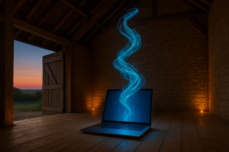 Antign Grange IA : une installation artistique lumineuse à l’intérieur d’une grange rénovée, mêlant tradition rurale et innovation numérique.