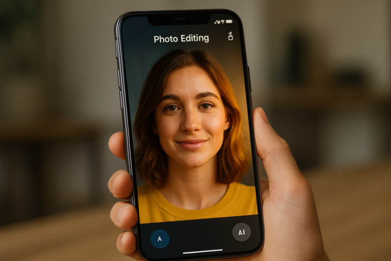 Application IA Photo : portrait réaliste d’une jeune femme retouché numériquement par intelligence artificielle, mettant en valeur les détails du visage avec un éclairage naturel.