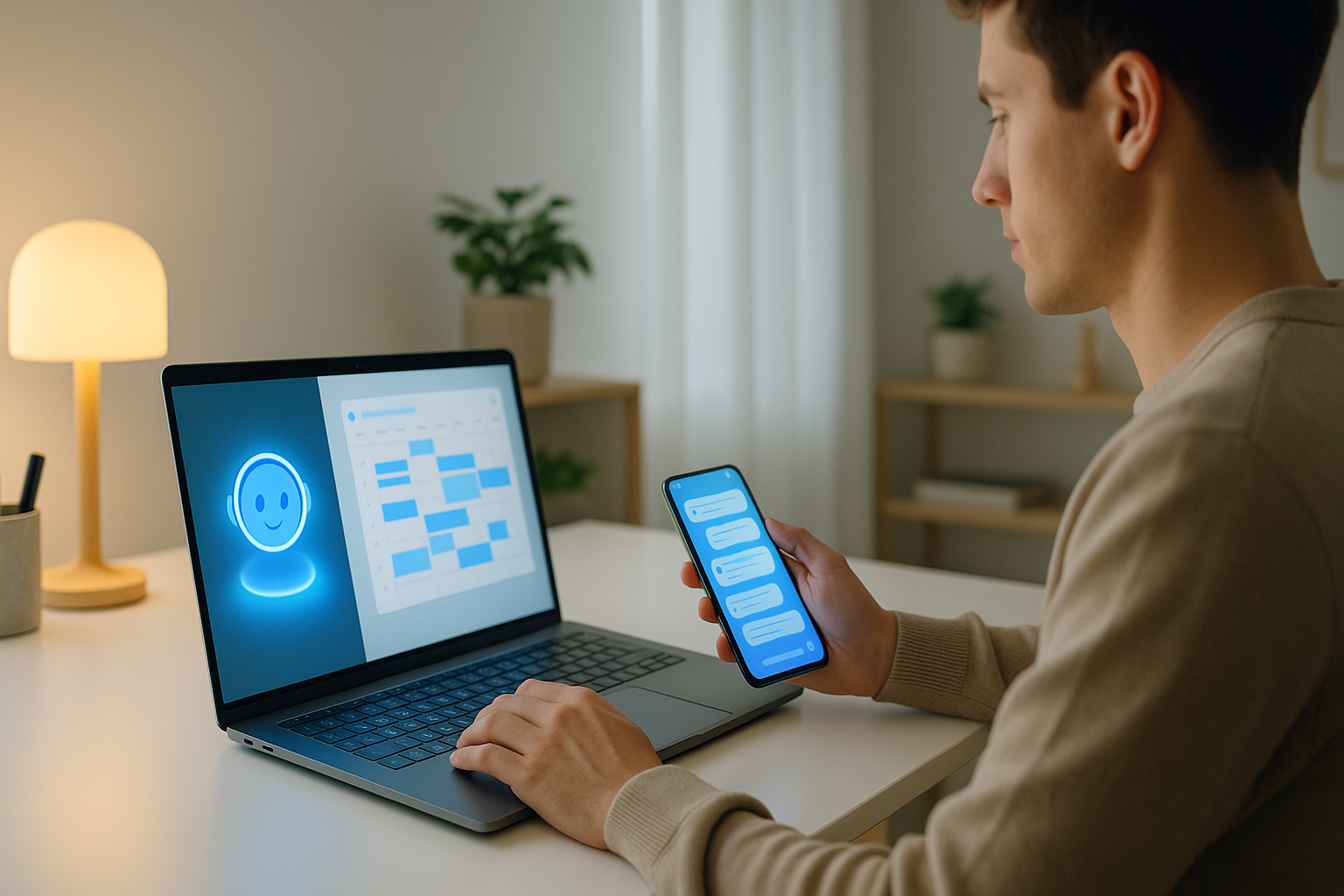 Application IA utilisée par un jeune adulte concentré dans un espace de travail lumineux, avec ordinateur portable et smartphone affichant des interfaces d’assistants virtuels et de planification intelligente.