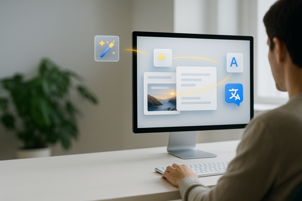 Applications IA : un utilisateur explore des outils intelligents sur son ordinateur, affichant des fonctions de retouche photo, de traduction et de traitement de texte dans une interface moderne.