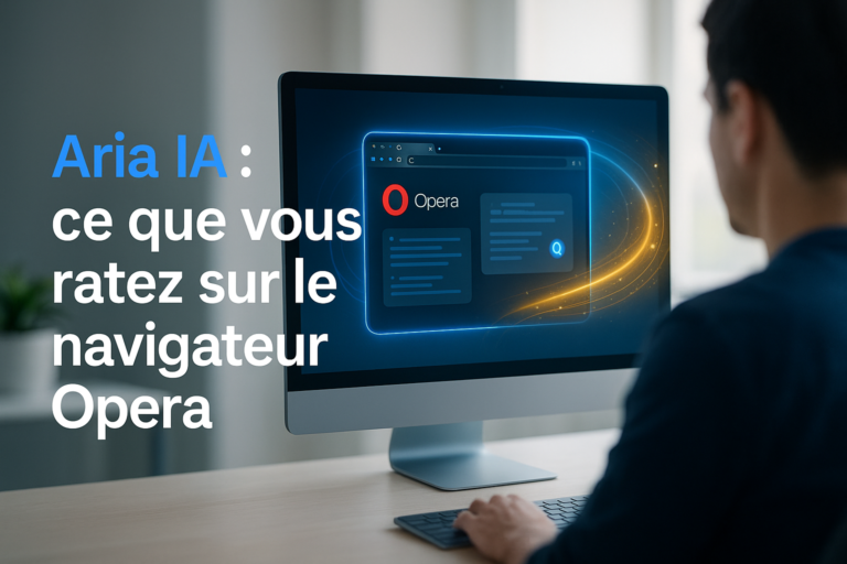 Aria IA affichée dans le navigateur Opera sur un écran d’ordinateur, avec une interface lumineuse et moderne évoquant les fonctionnalités intelligentes de l’assistant intégré.