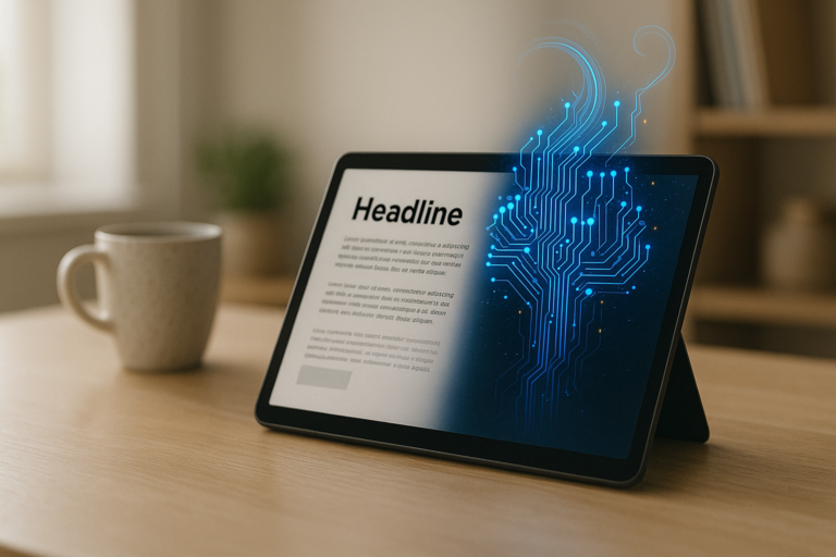 Article IA : un journal numérique sur tablette où l’intelligence artificielle donne vie à un circuit lumineux.