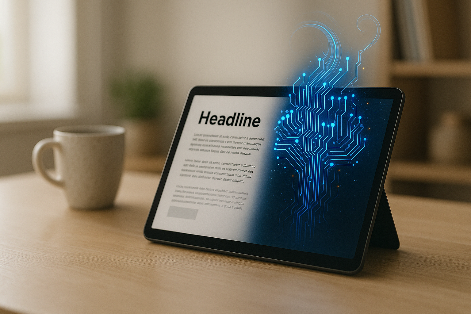 Article IA : un journal numérique sur tablette où l’intelligence artificielle donne vie à un circuit lumineux.