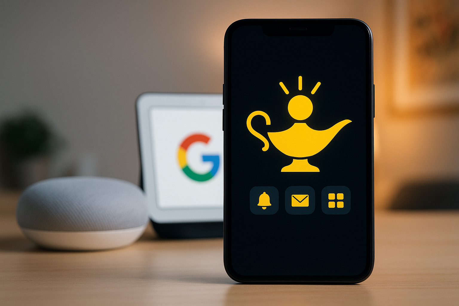 Assistant IA affiché sur un smartphone posé sur un bureau en bois clair, accompagné de deux enceintes connectées dans une ambiance lumineuse et moderne.