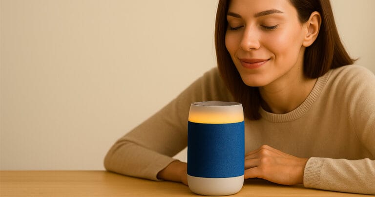 Assistant personnel IA posé sur une table en bois claire, utilisé par une jeune femme souriante dans un intérieur lumineux et apaisant.