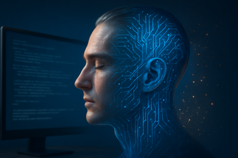 Blog IA : portrait photoréaliste d’un homme aux traits calmes dont la moitié du visage se transforme en circuits lumineux, illustrant l’impact de l’intelligence artificielle sur l’humain.