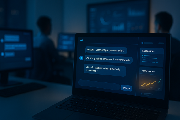 Bots IA en action dans un centre de support client moderne, avec un écran affichant une conversation en français entre un utilisateur et une intelligence artificielle.