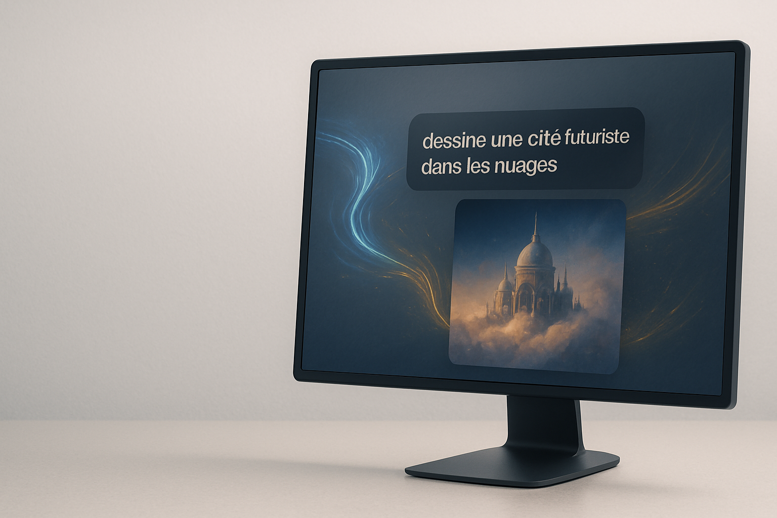 Dalle IA générant une image réaliste sur écran d’ordinateur, illustrant un paysage numérique imaginé à partir d’une requête textuelle.