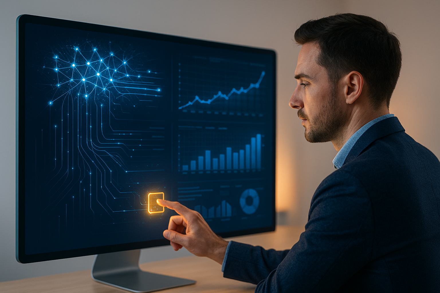Formation IA marketing : un professionnel analyse une interface intelligente affichant des données marketing avancées dans un environnement de travail moderne