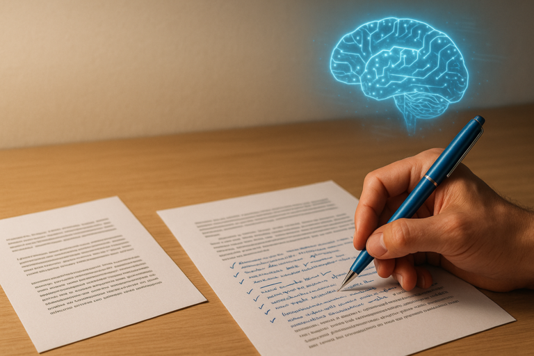 Humaniser un texte IA en annotant un document imprimé à la main avec des corrections manuscrites.
