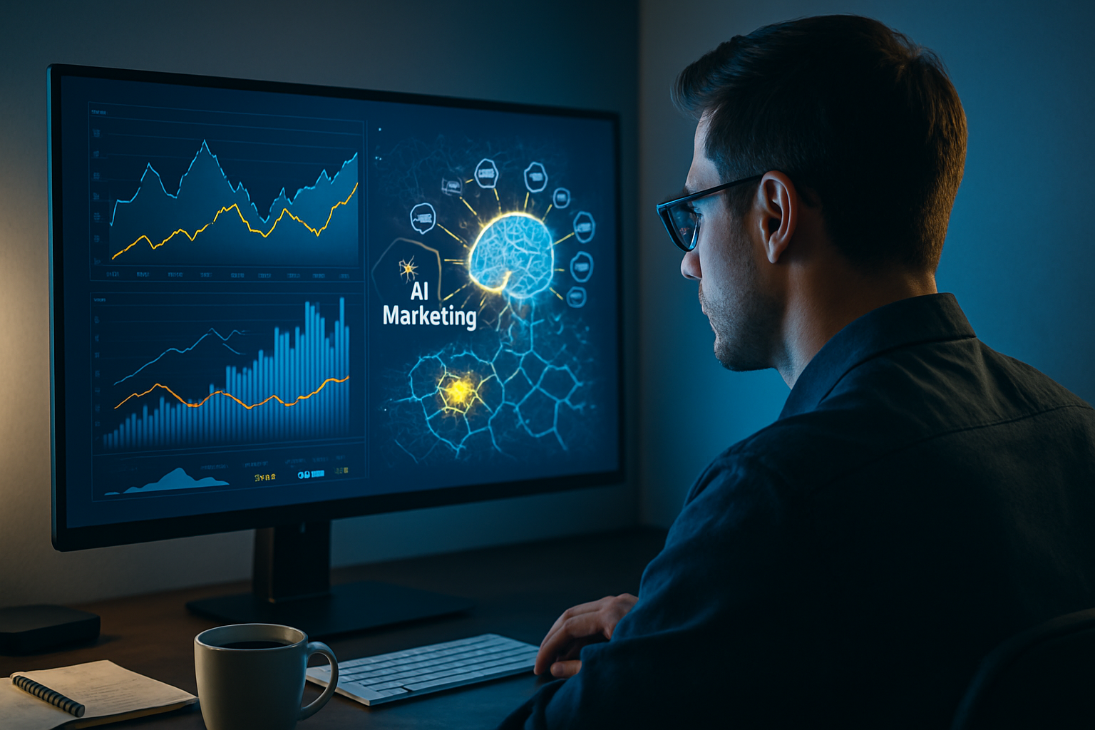 IA Marketing Digital : un homme et une femme analysent des données visuelles générées par intelligence artificielle dans un environnement de travail moderne.