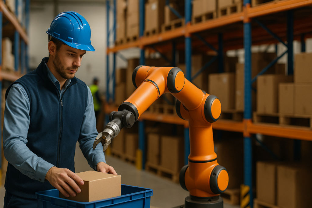 IA Robotics dans un entrepôt moderne : un robot collaboratif travaille aux côtés d’un opérateur humain, illustrant l’intégration harmonieuse de la robotique intelligente dans la logistique quotidienne.