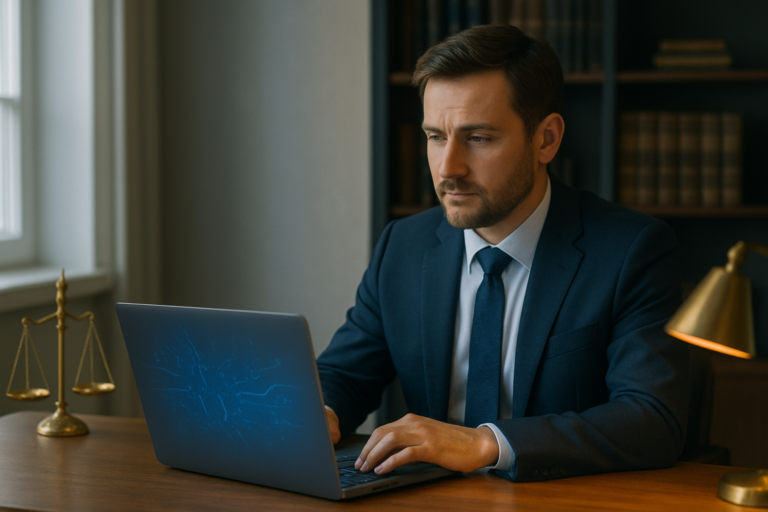 IA avocat dans un cabinet juridique moderne : un avocat assis à son bureau consulte un écran où s’affichent des données assistées par intelligence artificielle, illustrant l’intégration discrète mais efficace de l’IA dans le travail quotidien.