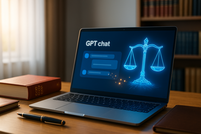 IA avocat GPT : un ordinateur portable affiche un chat GPT avec une balance de la justice holographique bleue, posé à côté d’un Code civil sur un bureau d’avocat éclairé par la lumière du matin.