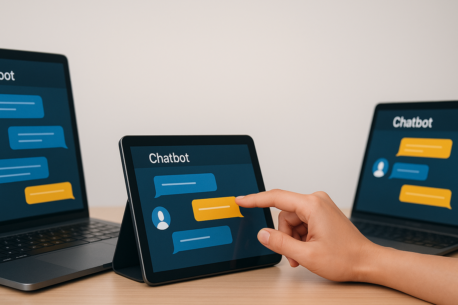 IA comme Chat GPT : une main utilise une tablette affichant une interface de chatbot, entourée de deux ordinateurs portables, symbolisant les alternatives modernes à ChatGPT