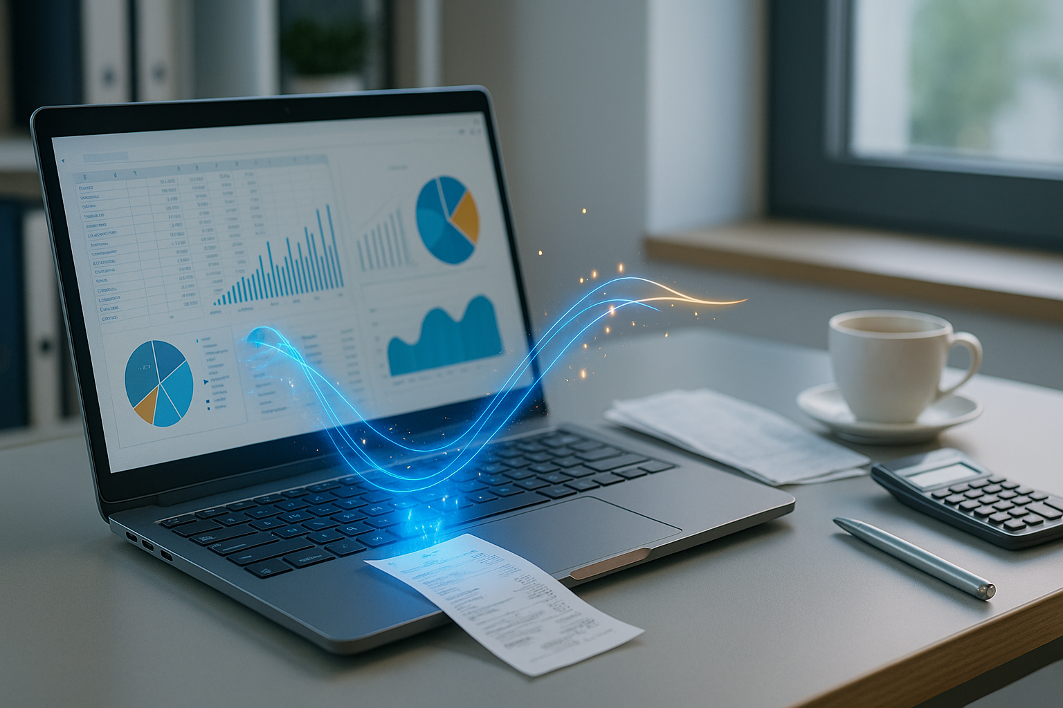 IA comptabilité : un laptop présente des graphiques financiers tandis qu’un hologramme bleu survole un reçu, illustrant l’automatisation des tâches comptables.