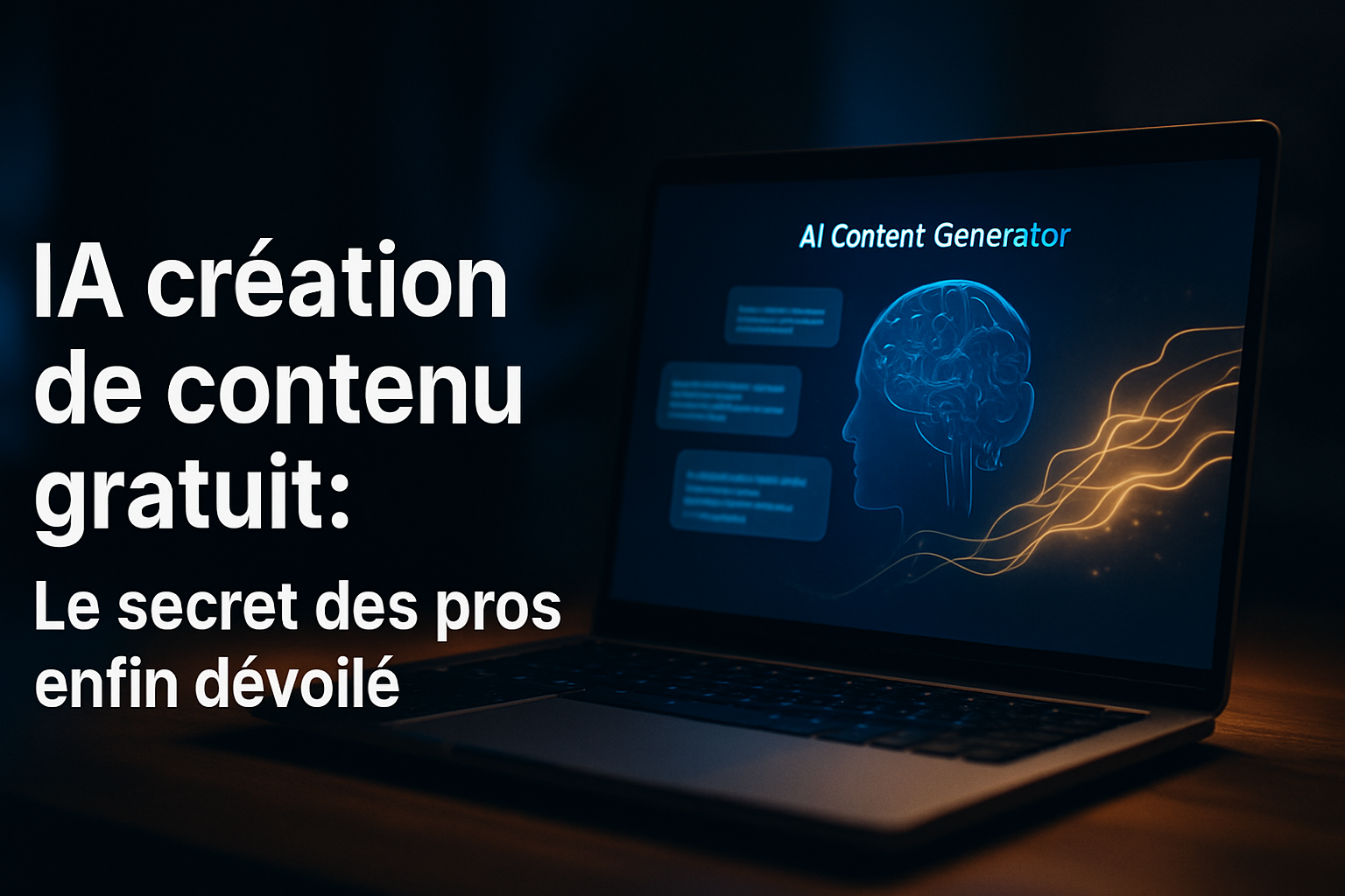 IA création de contenu gratuit affichée sur l’écran d’un ordinateur portable, avec une interface futuriste illustrant un générateur de texte assisté par intelligence artificielle dans un environnement de bureau sombre et moderne.
