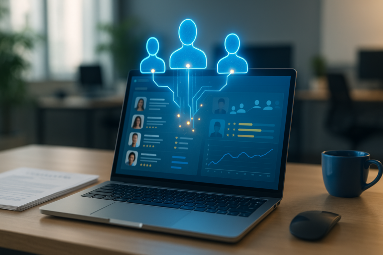 IA et RH : un ordinateur portable affiche un tableau de bord de candidatures tandis qu’un hologramme bleu relie des icônes de profils, illustrant le tri intelligent des talents.