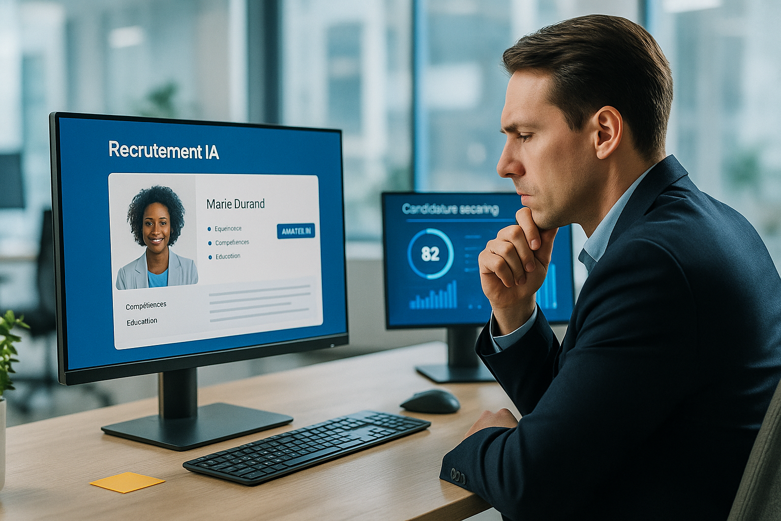 IA et recrutement : un professionnel observe un écran d’ordinateur affichant un tableau de candidatures généré par une intelligence artificielle, illustrant le rôle croissant de l’IA dans la sélection de profils.