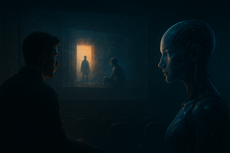 IA films : un humain et une intelligence artificielle face à face dans une salle obscure, évoquant les tensions et émotions du cinéma de science-fiction.